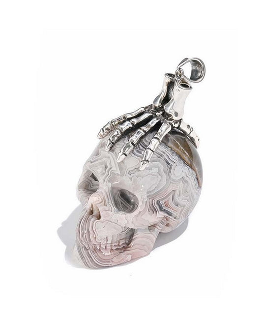 Captured Cranium - Gem Skull Pendant Necklace of Red Crazy Lace Agate Carved Skull with Skeleton Hand in 925 Sterling Silver - 9500078