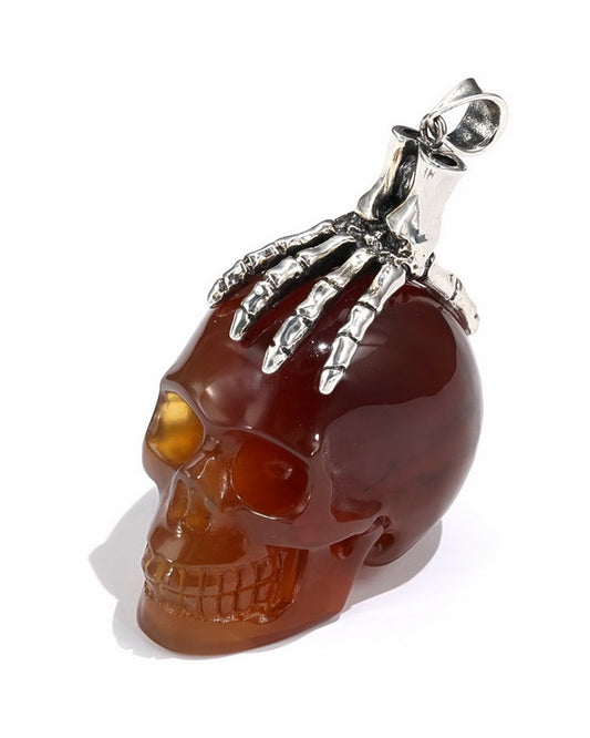 Gem Skull Pendant Necklace of Carnelian Carved Skull with Skeleton Hand in 925 Sterling Silver - 9500080