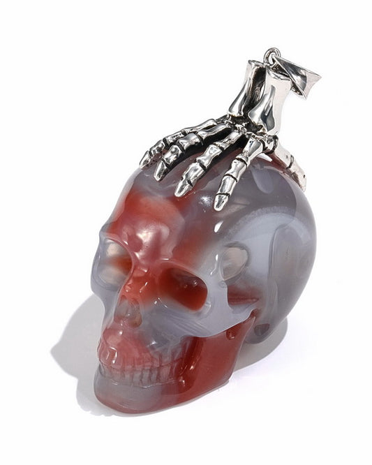 Gem Skull Pendant Necklace of Mozambique Agate Carved Skull with Skeleton Hand in 925 Sterling Silver - 9500081