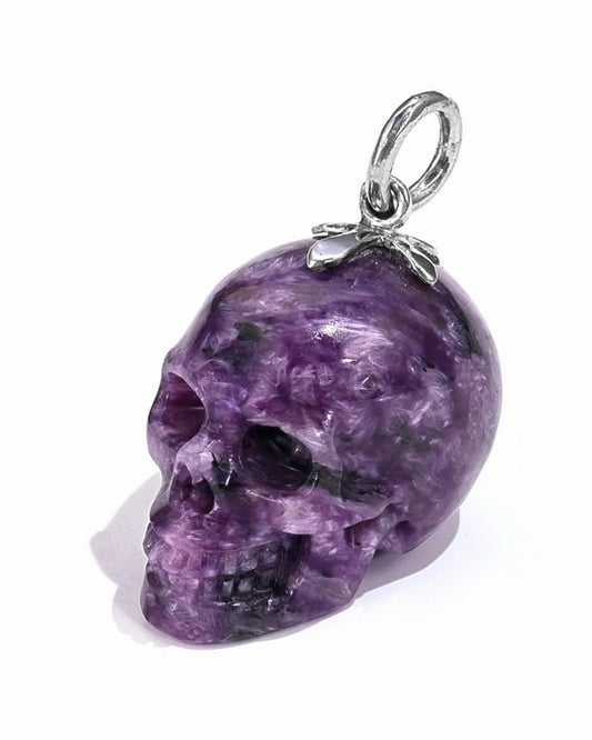 Gem Skull Pendant Necklace of Russian Charoite Carved Skull with Bail in 925 Sterling Silver - 9500082