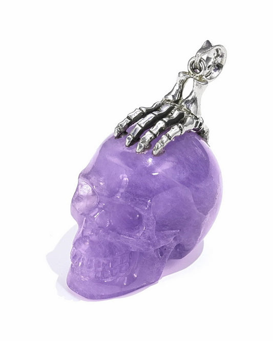 Gem Skull Pendant Necklace of Amethyst Carved Skull with Skeleton Hand in 925 Sterling Silver - 9500083