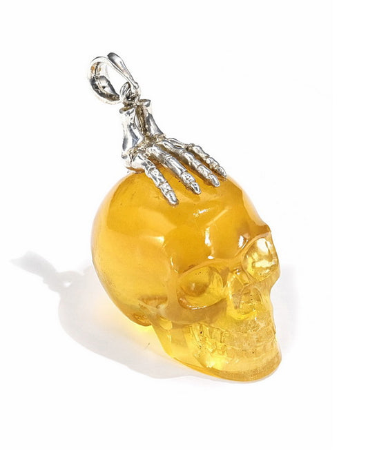 Gem Skull Pendant Necklace of Orange Fluorite Carved Skull with Skeleton Hand in 925 Sterling Silver - 9500084