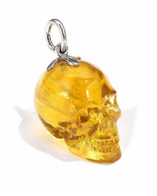 Gem Skull Pendant Necklace of Orange Fluorite Crystal Carved Skull, 925 Sterling Silver - 9500085