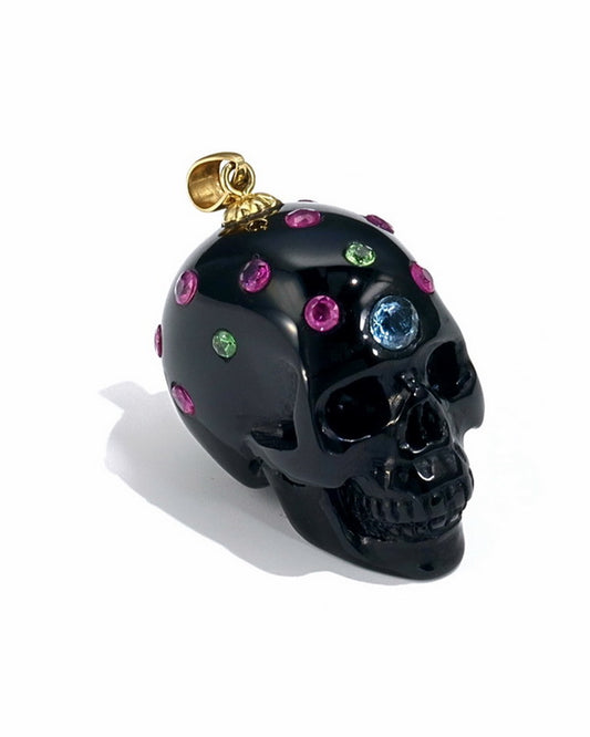 Gem Skull Pendant Necklace of Black Obsidian Crystal Carved Skull with Detachable Silver Jaw in Sterling Silver - 9500086