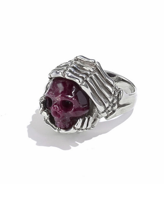 Gem Skull Ring of Ruby Carved Skull with Skeletal Hands in 925 Sterling Silver, US Size 6.5 - 9500087