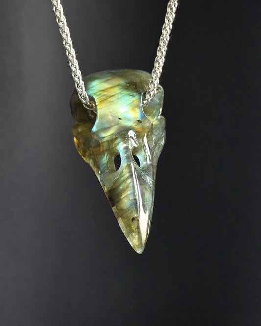 Super Flash Gem Raven Skull Pendant Necklace of Labradorite Carved Raven Skull - 9500109