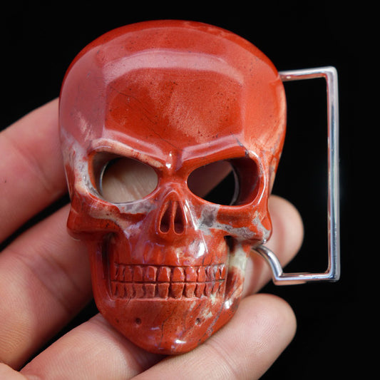 Gem Skull Buckle of Red Jasper Carved Skull with Genuine Leather-9500110