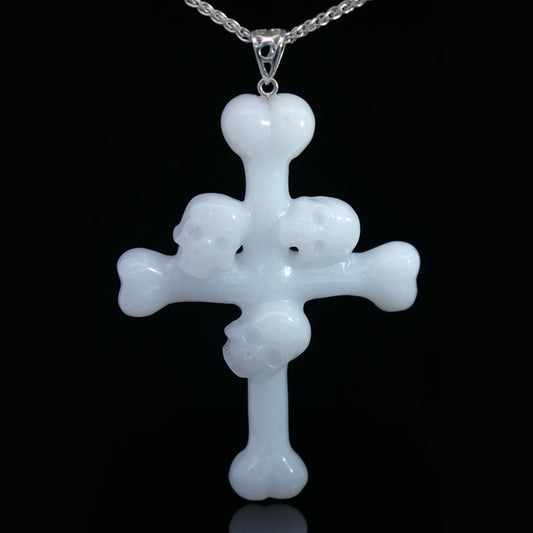 Triad Crystal Skull Pendant - White Jade Carved Crystal Skull Trio and Bones Cross Pendant, Sterling Silver 925 Chain, for Women & Men - 9500113