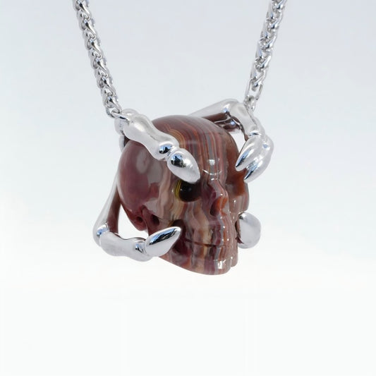 Gem Skull Pendant Necklace of Red Crazy Lace Agate Carved Skull with Sterling Sterling Silver Finger Bones - 9500154