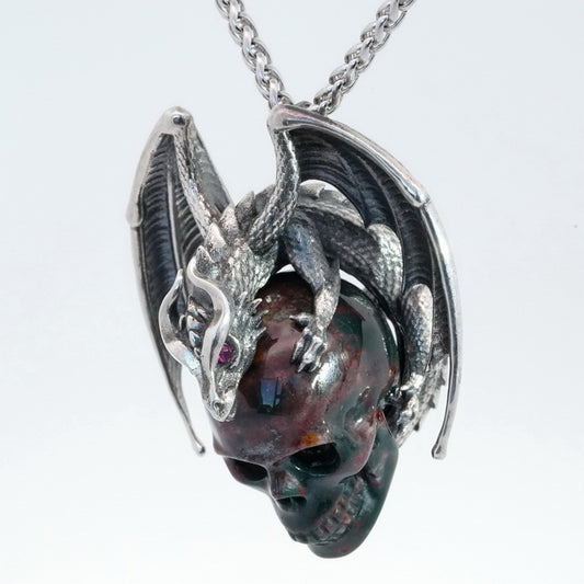 Gem Skull Pendant Necklace of Bloodstone Carved Skull with Ruby-Eye Dragon in Blackened Sterling Silver - 9500155