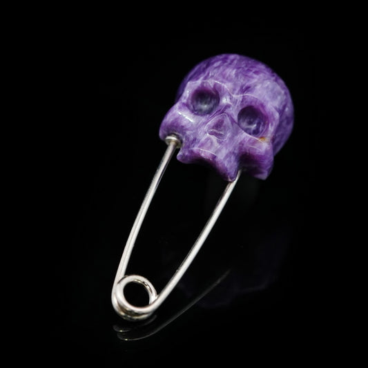 Gem Skull Brooch of Russian Charoite Carved Skull Hand in 925 Sterling Silver-9500158