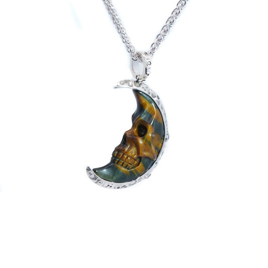 Gem Skull Pendant Necklace of Blue & Gold Tiger's Eye Carved Moon Skull in 925 Sterling Silver - 9500168