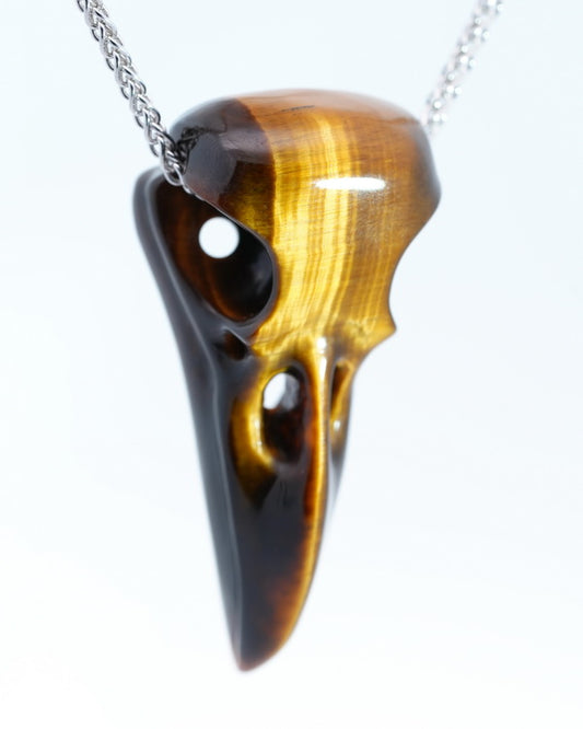 Flash Gem Raven Skull Pendant Necklace of Gold Tiger's Eye Crystal Raven Pendant - 9500183