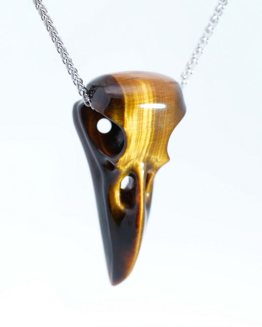 Night Pathfinder - Gem Raven Skull Pendant Necklace of Gold Tiger's Eye Crystal Raven Pendant - 9500183