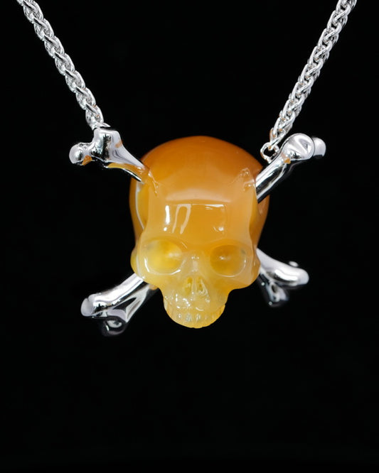 Gem Skull Pendant Necklace of Agate Carved Skull with 925 Sterling Silver Chain-9500198
