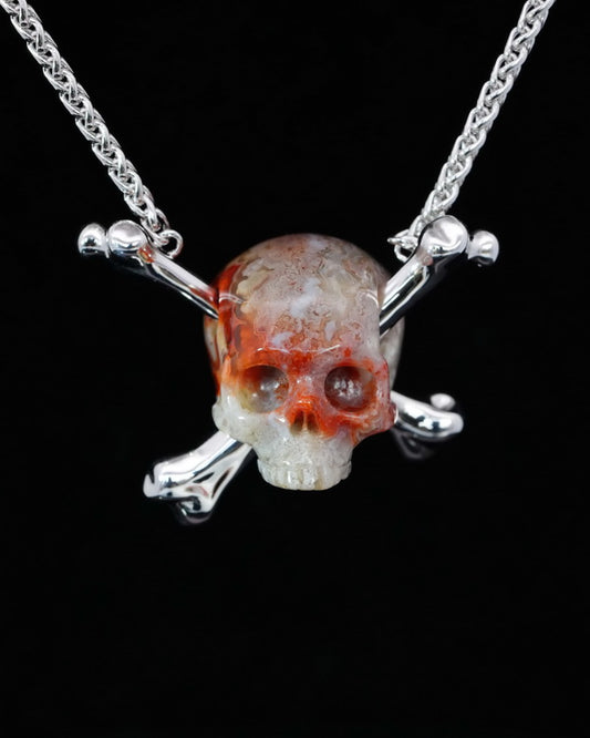 Gem Skull Pendant Necklace of Red Crazy Lace Agate Carved with Crossbones in Sterling Silver-9500200