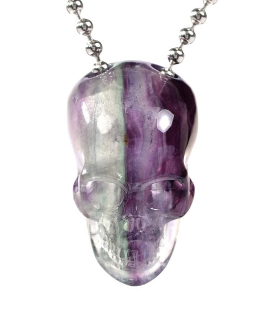Gem Skull Pendant Necklace of Fluorite Carved Skull with 925 Sterling Silver Chain - 9500239