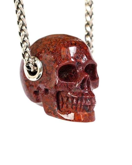 Skullis Signature Red Moss Agate Gem Skull Pendant or Necklace, Hand Carved, Sterling Silver 925 Chain, for Women & Men - 9500245