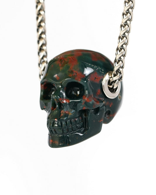 Skullis Signature Bloodstone Gem Skull Pendant or Necklace, Hand Carved, Sterling Silver 925 Chain, for Women & Men - 9500246