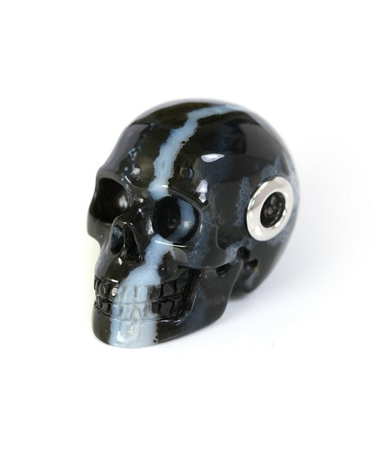Skullis Signature Black Zebra Agate Gem Skull Pendant or Necklace, Hand Carved, Sterling Silver 925 Chain, for Women & Men - 9500247