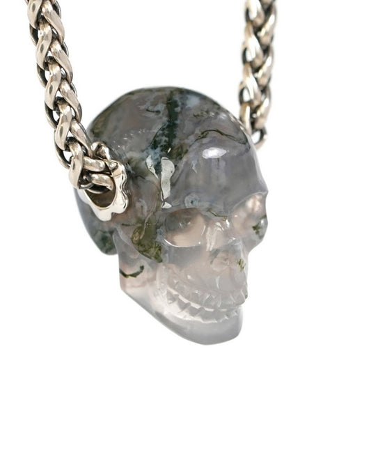 Skullis Signature Green Moss Agate Gem Skull Pendant or Necklace, Hand Carved, Sterling Silver 925 Chain, for Women & Men - 9500248
