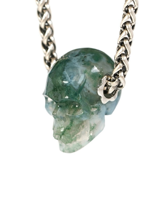 Skullis Signature Green Moss Agate Gem Skull Pendant or Necklace, Hand Carved, Sterling Silver 925 Chain, for Women & Men - 9500249