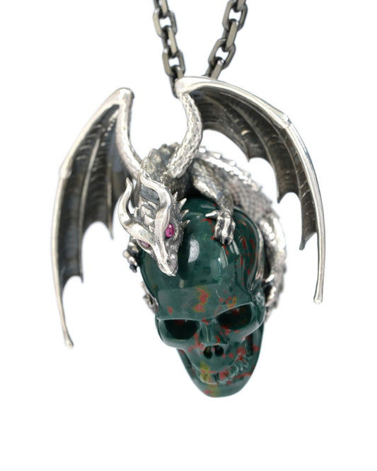 Gem Skull Pendant Necklace of Bloodstone Carved Skull with Ruby-Eye Dragon in Blackened Sterling Silver - 9500269