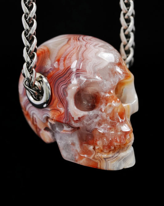 Skullis Signature Red Crazy Lace Agate Gem Skull Pendant or Necklace, Hand Carved, Sterling Silver 925 Chain, for Women & Men - 9500275