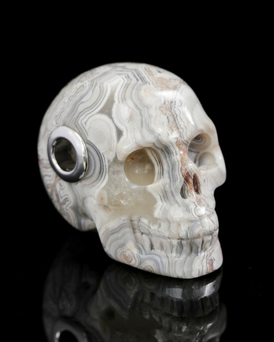 Skullis Signature Red Crazy Lace Agate Gem Skull Pendant or Necklace, Hand Carved, for Women & Men - 9500276