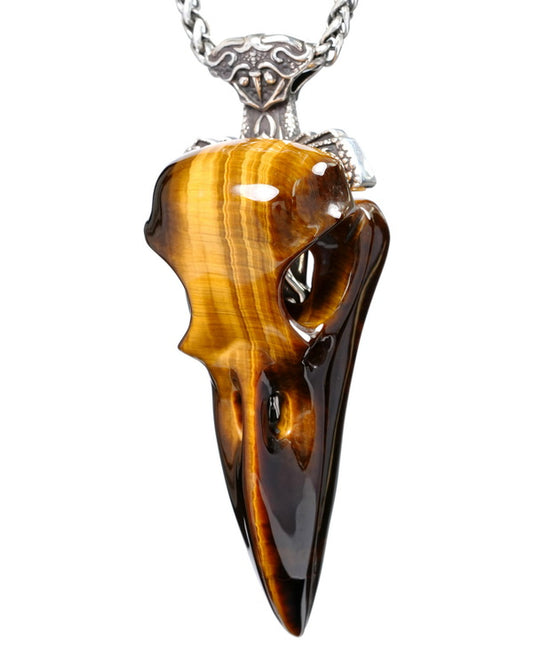 Raven Skull Hidden Sword - Gem Raven Skull Pendant Necklace of Gold Tiger's Eye Carved Raven Skull with Silver Sword Necklace