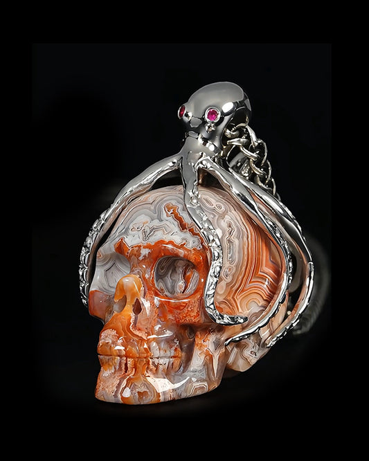 Embrace of the Abyssal Octopus - Gem Skull Pendant Necklace of Red Crazy Lace Agate Carved Skull with Ruby Eyes Octopus in 925 Sterling Silver - 9500283