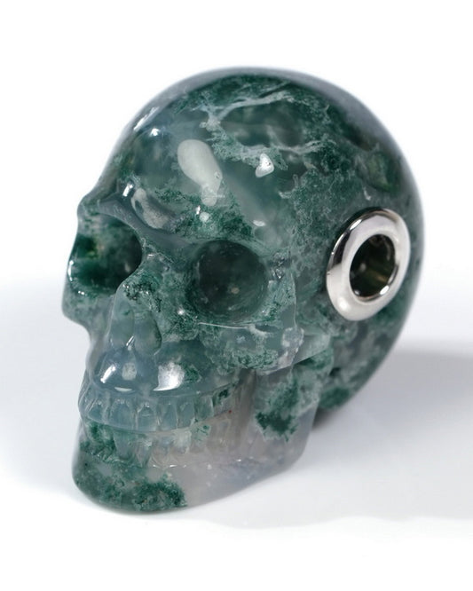Skullis Signature Green Moss Agate Gem Skull Pendant or Necklace, Hand Carved, Sterling Silver 925 Chain, for Women & Men - 9500303