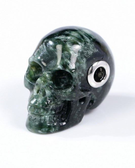 Skullis Signature Seraphinite Gem Skull Pendant or Necklace, Hand Carved, Sterling Silver 925 Chain, for Women & Men - 9500311