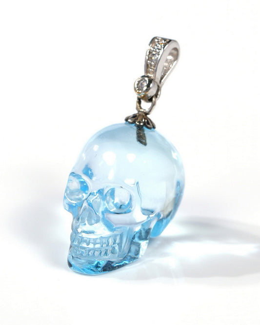 Minimalist Skull Pendant - Gem Skull Pendant Necklace of Sky Blue Topaz Carved Skull with Sterling Silver Bail - 9500312