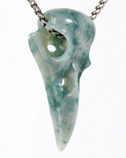 Rare Gem Skull Raven Pendant Necklace of Green Moss Agate Crystal Raven Pendant - 9500315