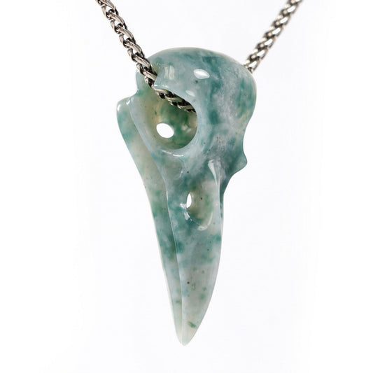 Rare Gem Skull Raven Pendant Necklace of Green Moss Agate Crystal Raven Pendant - 9500315