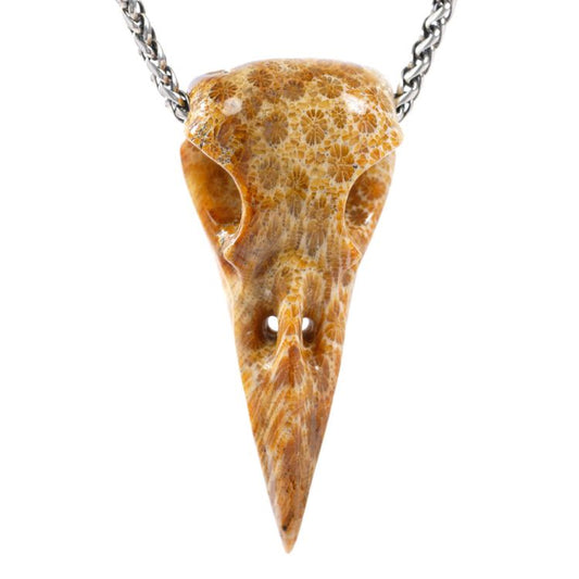 Gem Raven Skull Pendant Necklace of Coral Fossil Crystal Raven Pendant - 9500317