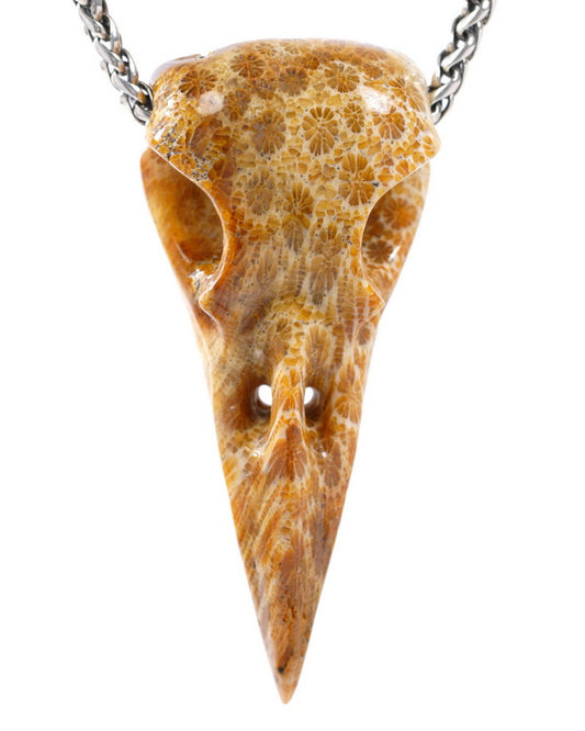 Gem Raven Skull Pendant Necklace of Coral Fossil Crystal Raven Pendant - 9500317