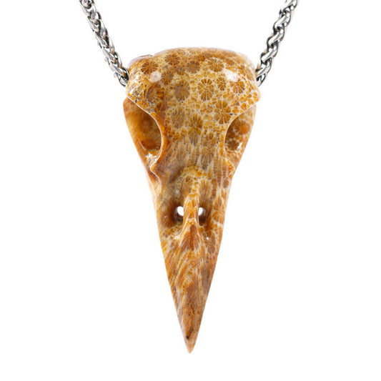 Gem Raven Skull Pendant Necklace of Coral Fossil Crystal Raven Pendant - 9500317