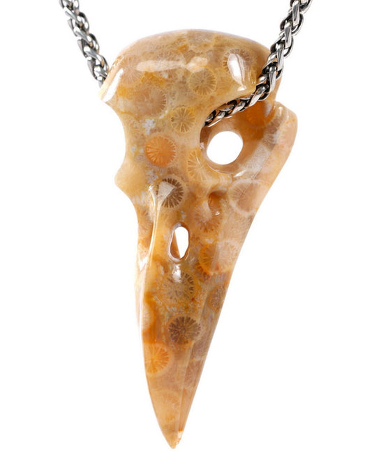 Gem Raven Skull Pendant Necklace of Coral Fossil Crystal Raven Pendant - 9500318