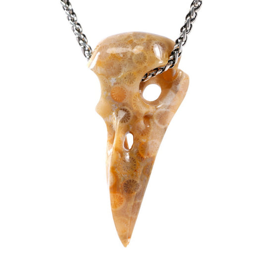 Gem Raven Skull Pendant Necklace of Coral Fossil Crystal Raven Pendant - 9500318