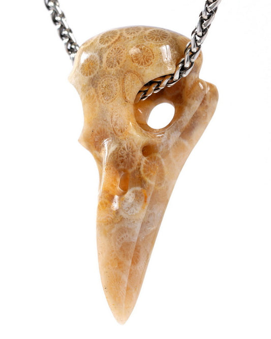 Gem Raven Skull Pendant Necklace of Coral Fossil Crystal Raven Pendant - 9500319
