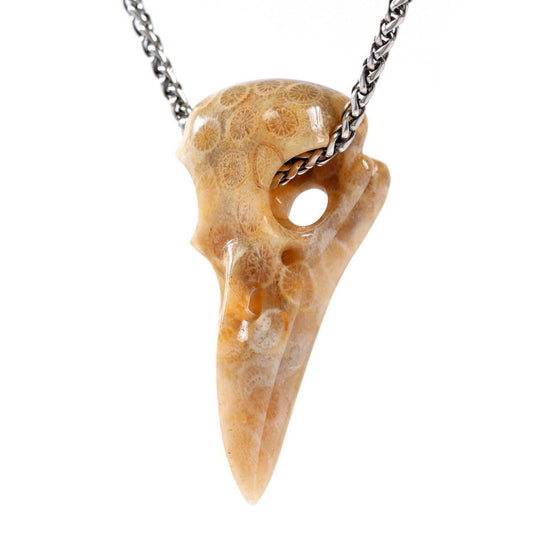 Gem Raven Skull Pendant Necklace of Coral Fossil Crystal Raven Pendant - 9500319