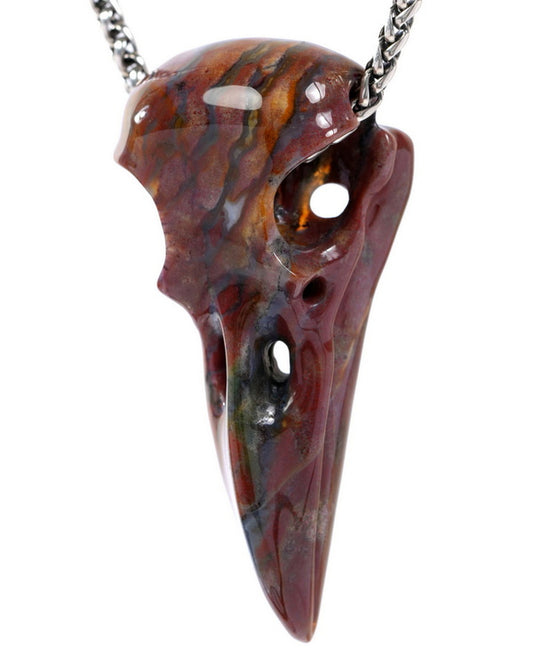 Gem Raven Skull Pendant Necklace of Indian Agate Carved Raven Skull - 9500321