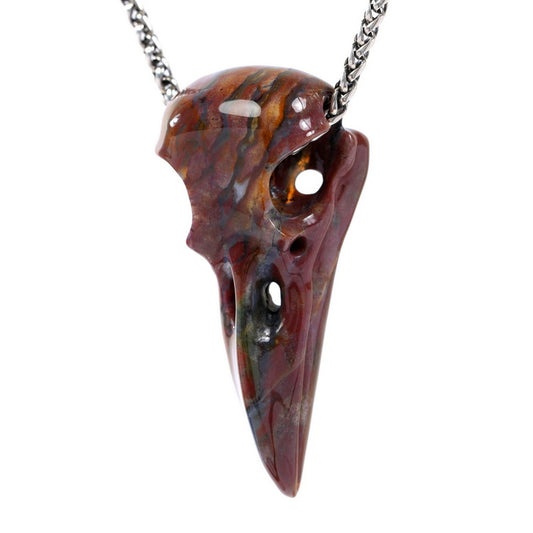 Gem Raven Skull Pendant Necklace of Indian Agate Carved Raven Skull - 9500321
