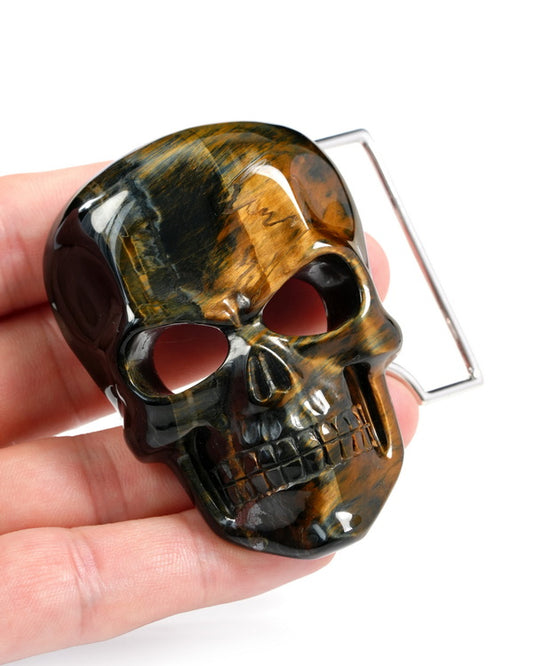 Gem Skull Buckle of Blue & Gold Tiger's Eye Carved Skull with Genuine Leather - 9500327