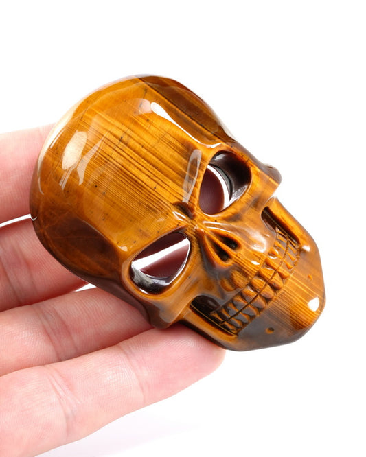 Super Flash Gem Skull Buckle of Gold Tiger's Eye Carved Skull with Genuine Leather - 9500328