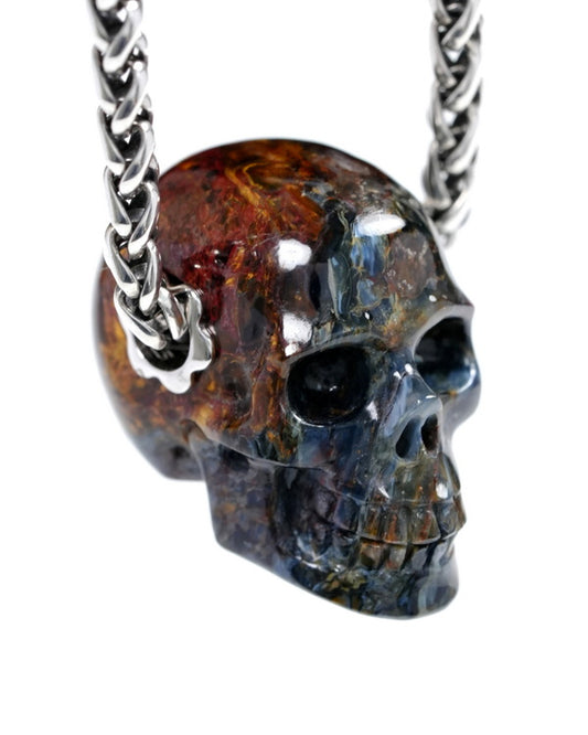 Skullis Signature Pietersite Gem Skull Pendant or Necklace, Hand Carved, Sterling Silver 925 Chain, for Women & Men - 9500352