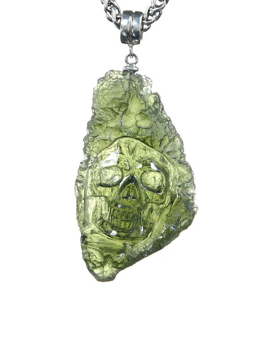 Starborn Skull - Gem Skull Pendant Necklace of Moldavite Crystal Carved Skull, 925 Sterling Silver - 9500374