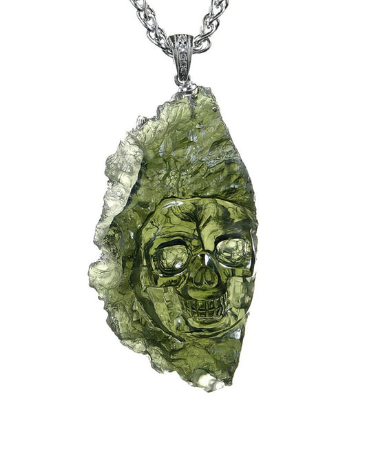 Starborn Skull - Gem Skull Pendant Necklace of Moldavite Crystal Carved Skull, 925 Sterling Silver - 9500376